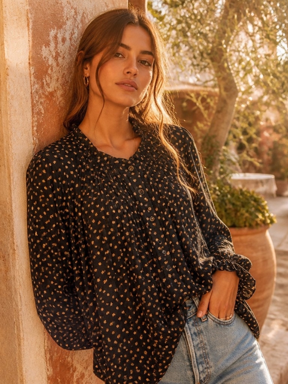 Adrianna Papell Black Blouse with Gold Floral Dot Print